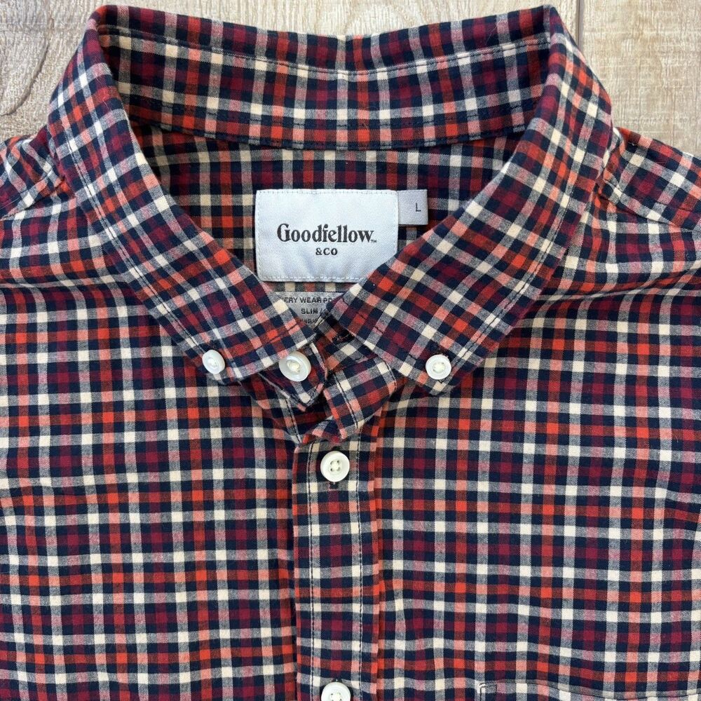 Goodfellow Plaid Poplin Button Up Shirt Mens Large Slim Red Blue Business Casual - Picture 5 of 11